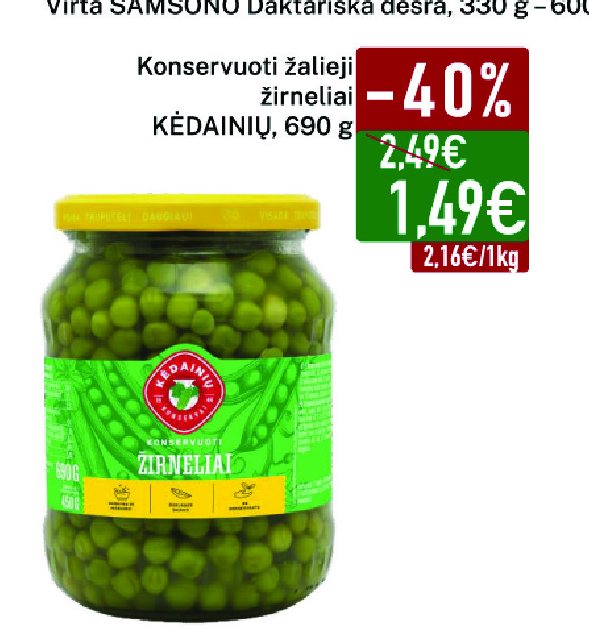 Konservuoti žalieji žirneliai KĖDAINIŲ, 690 g
