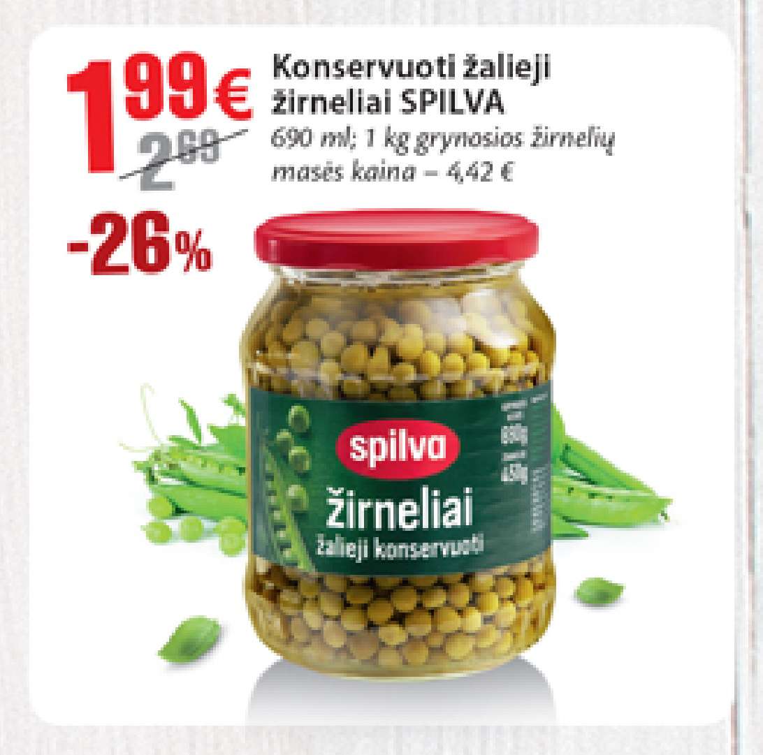 Konservuoti žalieji žirneliai SPILVA, 690 ml