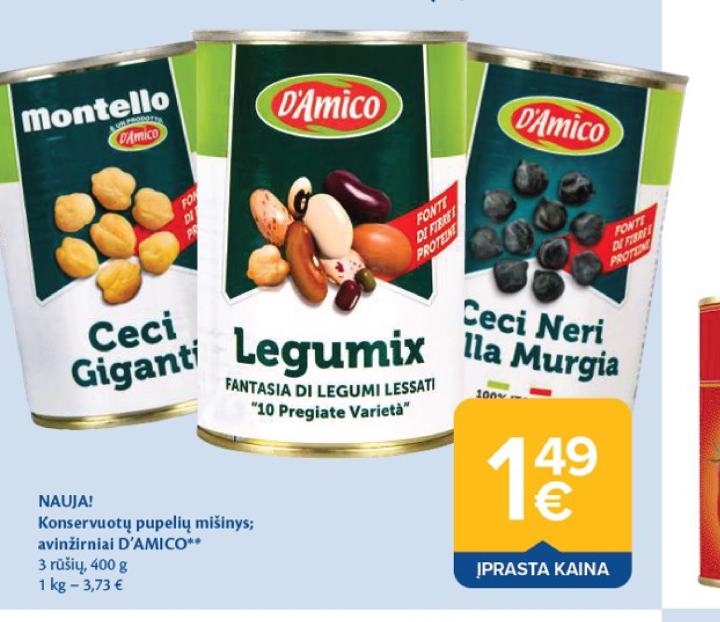 Konservuotų pupelių mišinys; avinžirniai D'AMICO, 400 g