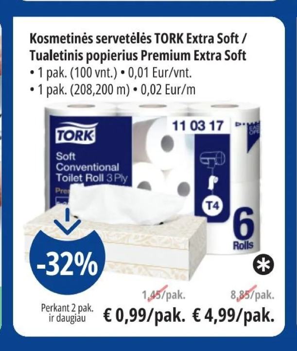 Kosmetinės servetėlės TORK Extra Soft / Tualetinis popierius Premium Extra Soft, 1 pak.