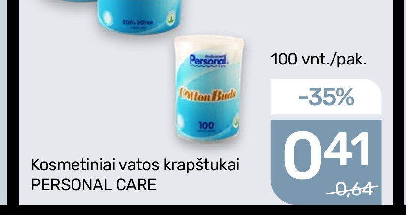 Kosmetiniai vatos krapštukai PERSONAL CARE, 100 vnt