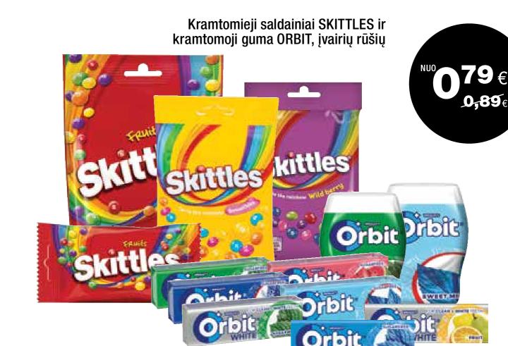 Kramtomieji saldainiai SKITTLES ir kramtomoji guma ORBIT