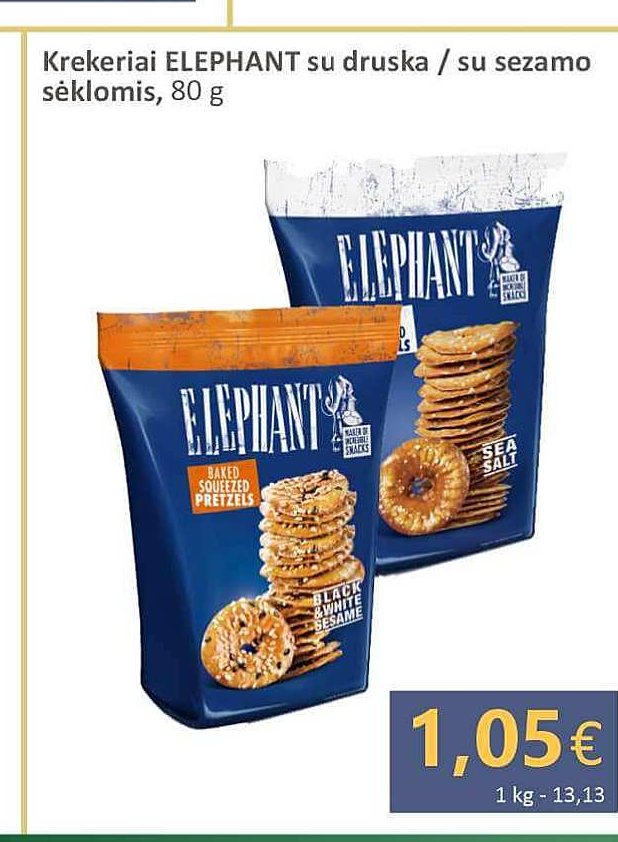 Krekeriai ELEPHANT su druska / su sezamo sėklomis, 150 g