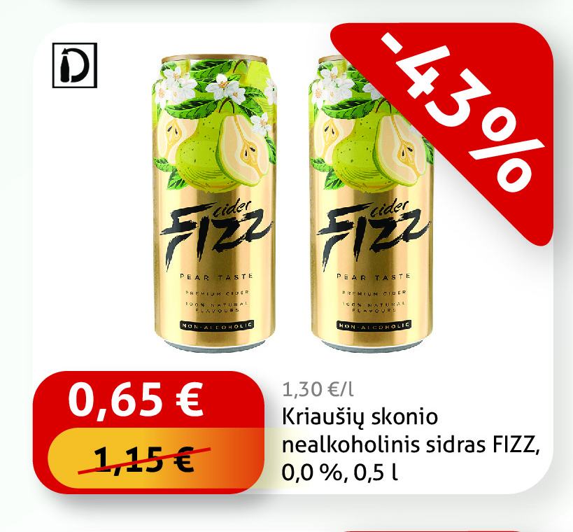 Kriaušių skonio nealkoholinis sidras FIZZ, 0.5 l