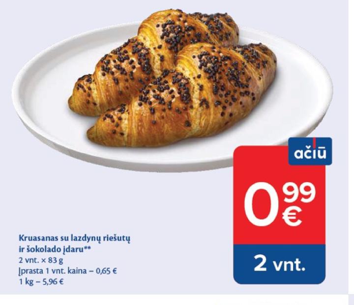 Kruasanas su lazdynų riešutų ir šokolado įdaru, 2 vnt
