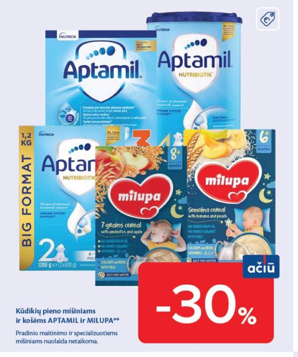 Kūdikių pieno mišiniams ir košėms APTAMIL ir MILUPA