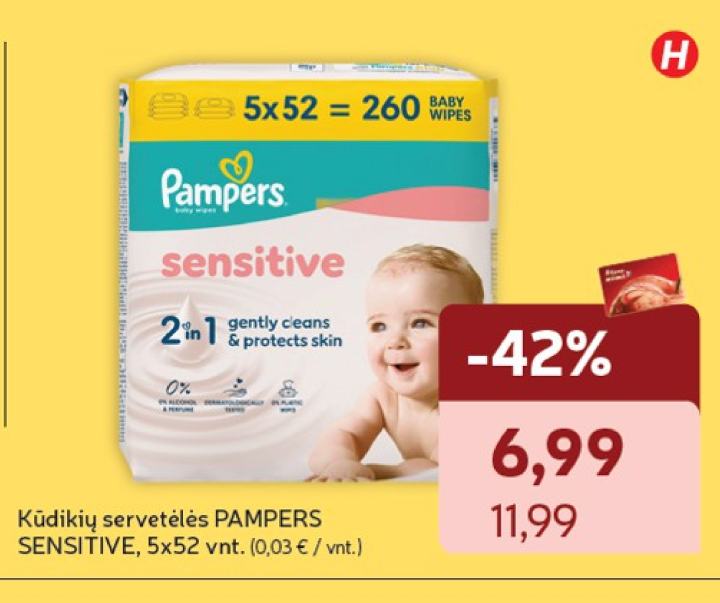 Kūdikių servetėlės PAMPERS SENSITIVE, 5 x 52 vnt