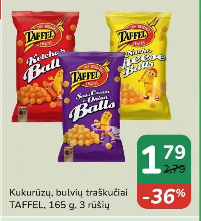 Kukurūzų, bulvių traškučiai TAFFEL, 165 g