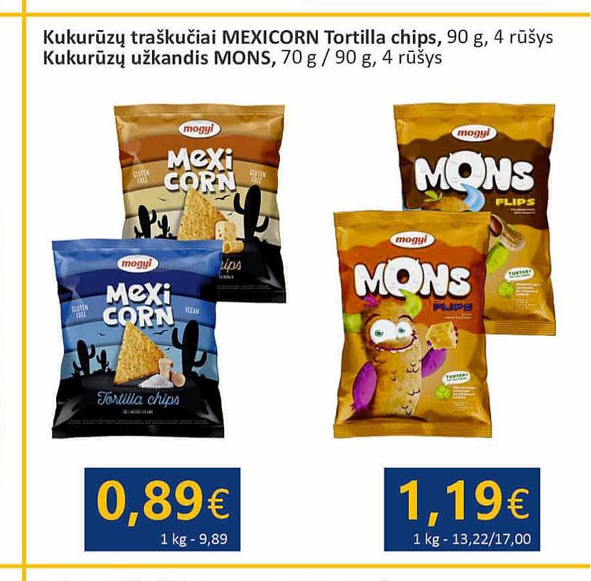 Kukurūzų traškučiai MEXICORN Tortilla chips, 4 rūšys / Kukurūzų užkandis MONS, 70 g / 90 g, 4 rūšys, 90 g
