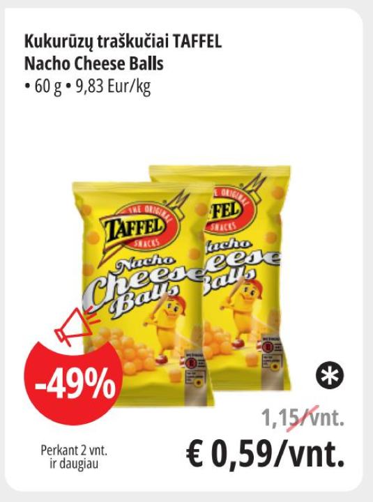 Kukurūzų traškučiai TAFFEL Nacho Cheese Balls, 60 g