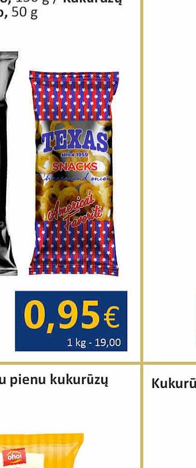 Kukurūzų traškučiai TEXAS sūrio ir svogūnų skonio, 50 g