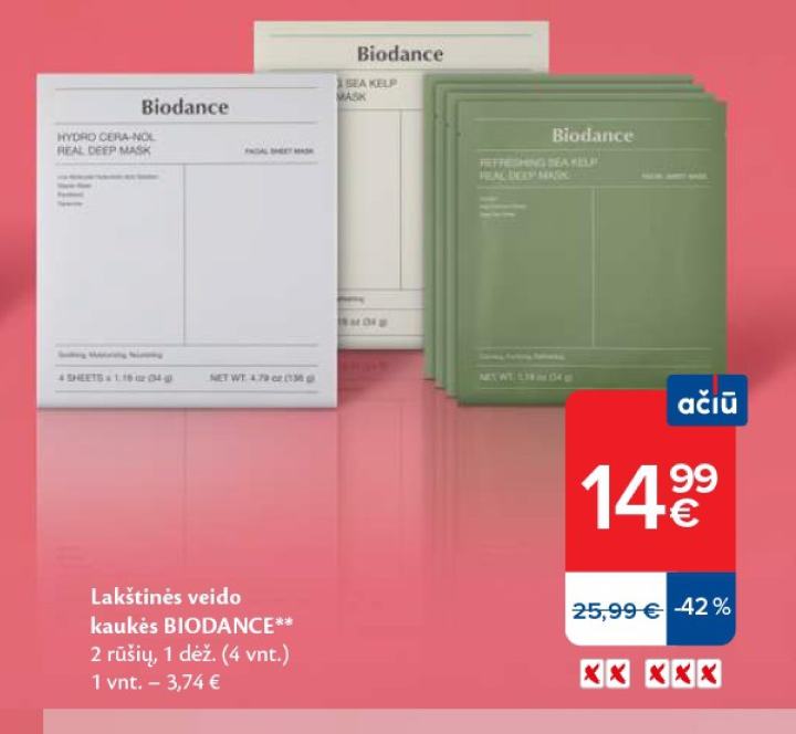 Lakštinės veido kaukės BIODANCE, 1 dėž.
