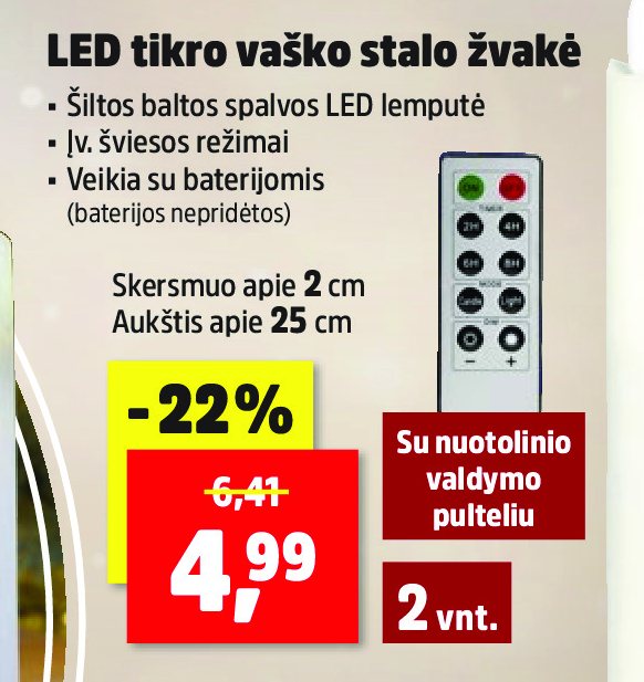LED tikro vaško stalo žvakė, 2 cm