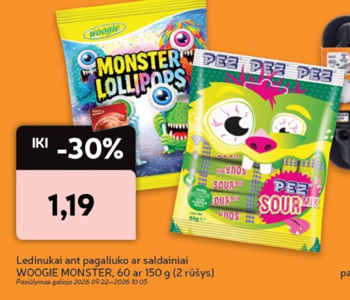 Ledinukai ant pagaliuko ar saldainiai WOOGIE MONSTER, 150 g