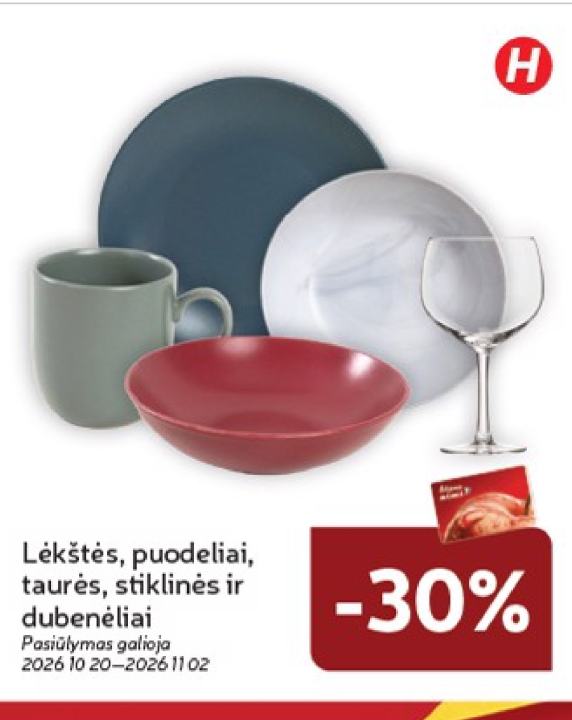 Lėkštės, puodeliai, taurės, stiklinės ir dubenėliai