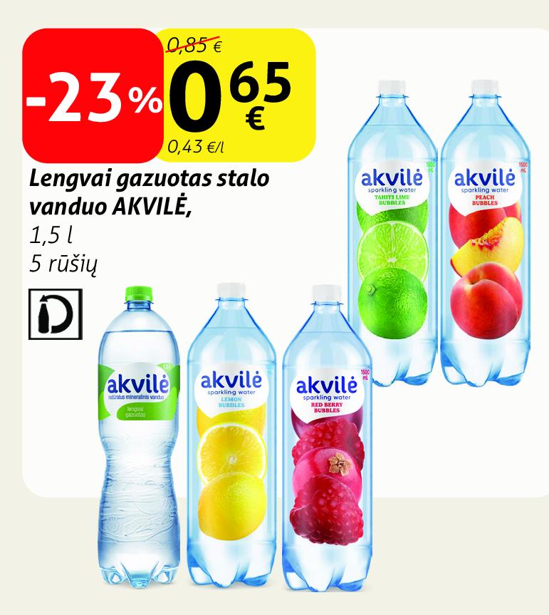 Lengvai gazuotas stalo vanduo AKVILĖ, 1.5 l