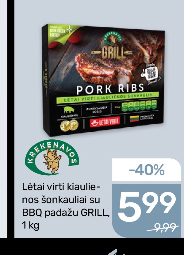 Lėtai virti kiaulienos šonkauliai su BBQ padažu GRILL KREKENAVOS, 1 kg