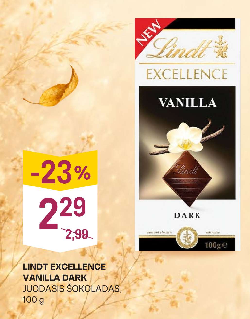 LINDT EXCELLENCE VANILLA DARK JUODASIS ŠOKOLADAS, 100 g