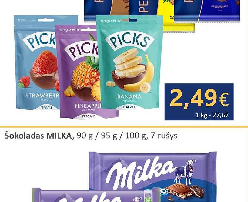 Liof. braškių / ananasų / bananų saldainiai su pien. šokolado gl. PICKS, 90 g