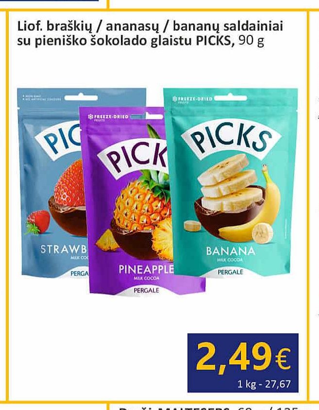 Liof. braškių / ananasų / bananų saldainiai su pieniško šokolado glaistu PICKS, 90 g