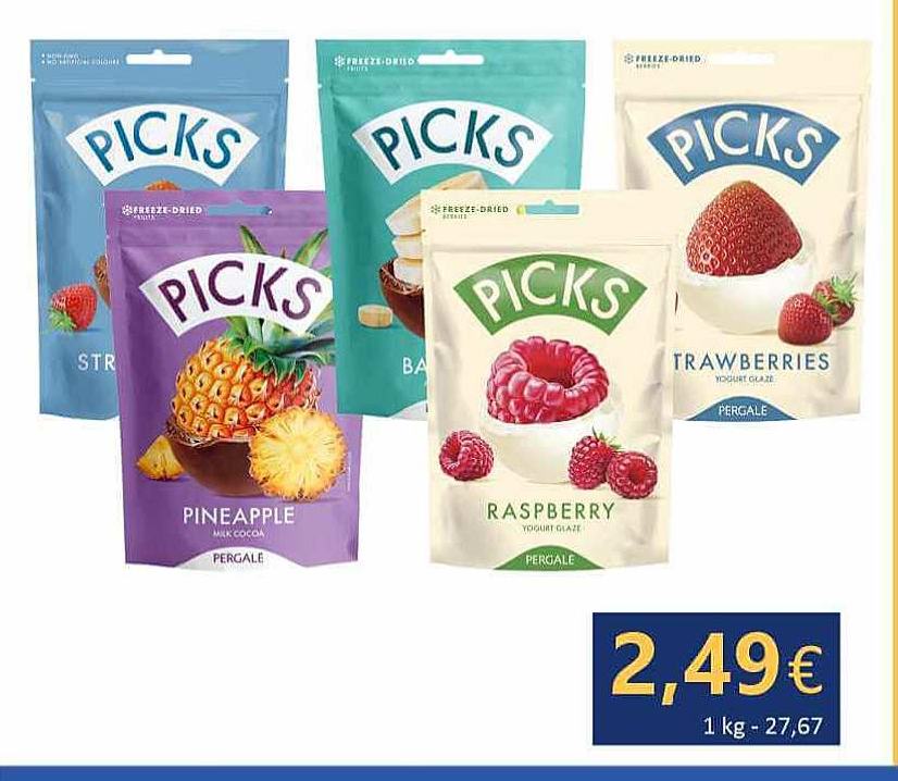 Liof. braškių / aviečių / ananasų / bananų saldainiai PICKS, 90 g