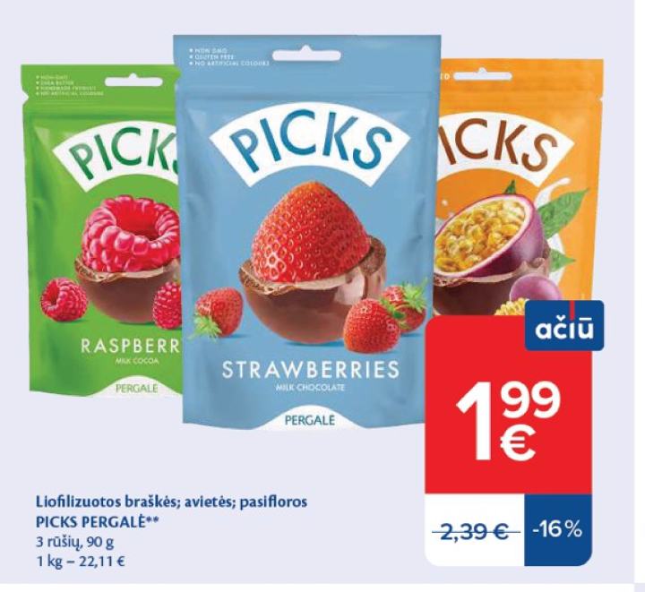 Liofilizuotos braškės; avietės; pasifloros PICKS PERGALĖ, 90 g