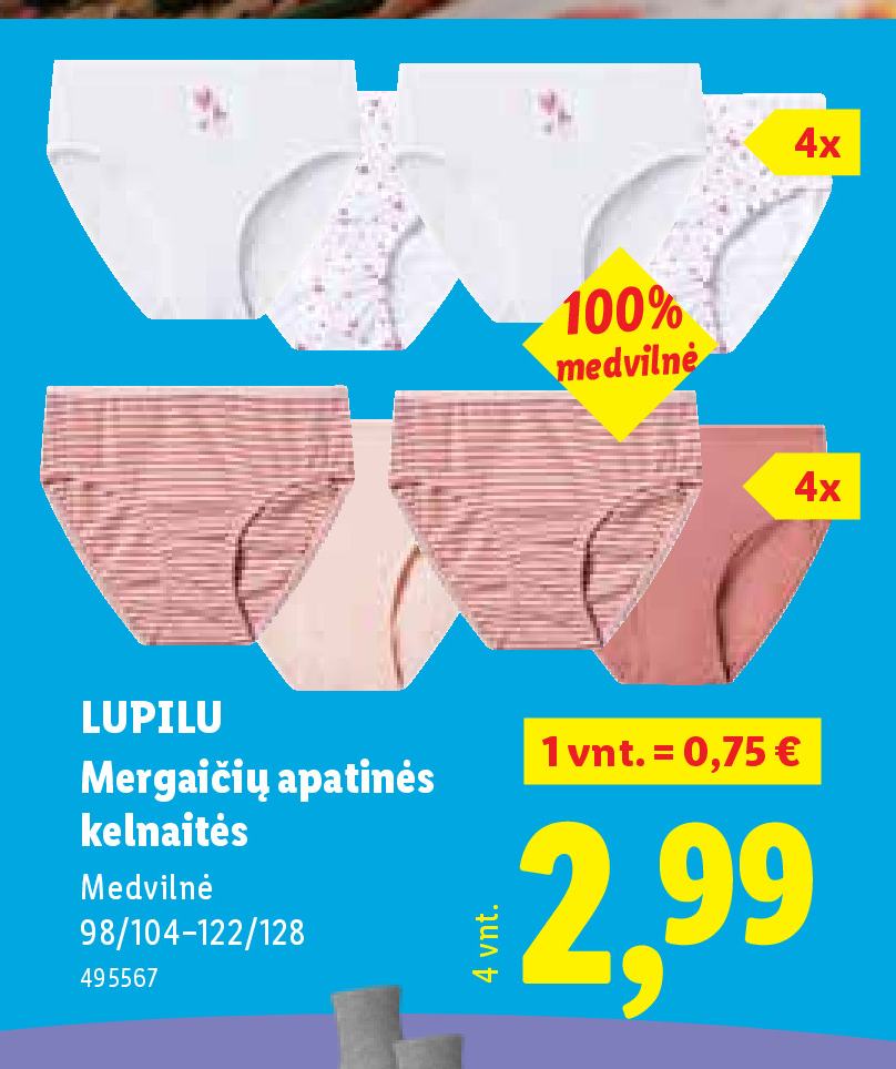 LUPILU Mergaičių apatinės kelnaitės, 4 vnt