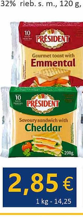 Lydytas sūris riekelėmis PRESIDENT CHEDDAR / EMMENTAL, 200 g