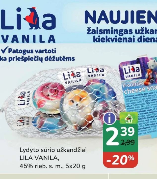 Lydyto sūrio užkandžiai LILA VANILA, 5 x 20 g