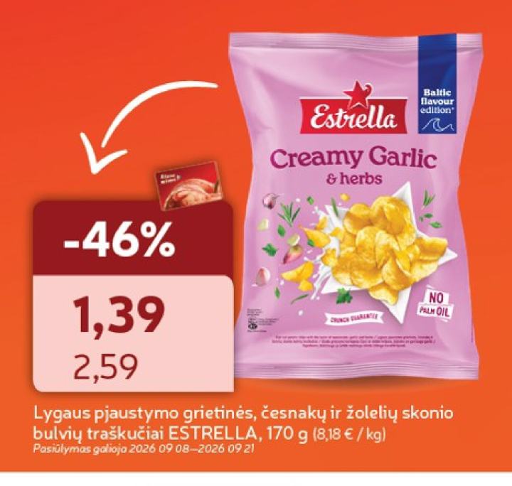 Lygaus pjaustymo grietinės, česnakų ir žolelių skonio bulvių traškučiai ESTRELLA, 170 g