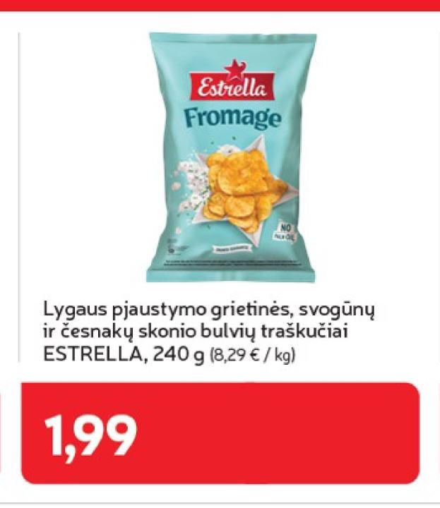 Lygaus pjaustymo grietinės, svogūnų ir česnakų skonio bulvių traškučiai ESTRELLA, 240 g