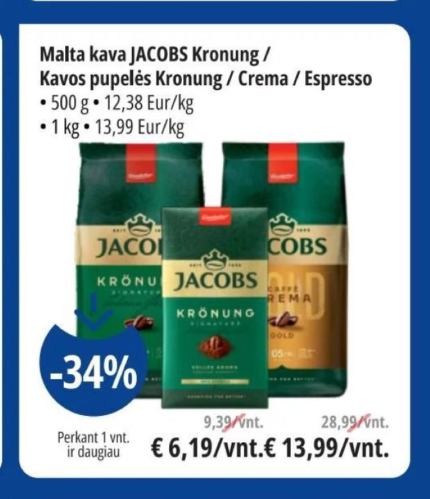 Malta kava JACOBS Kronung / Kavos pupelės Kronung / Crema / Espresso, 500 g