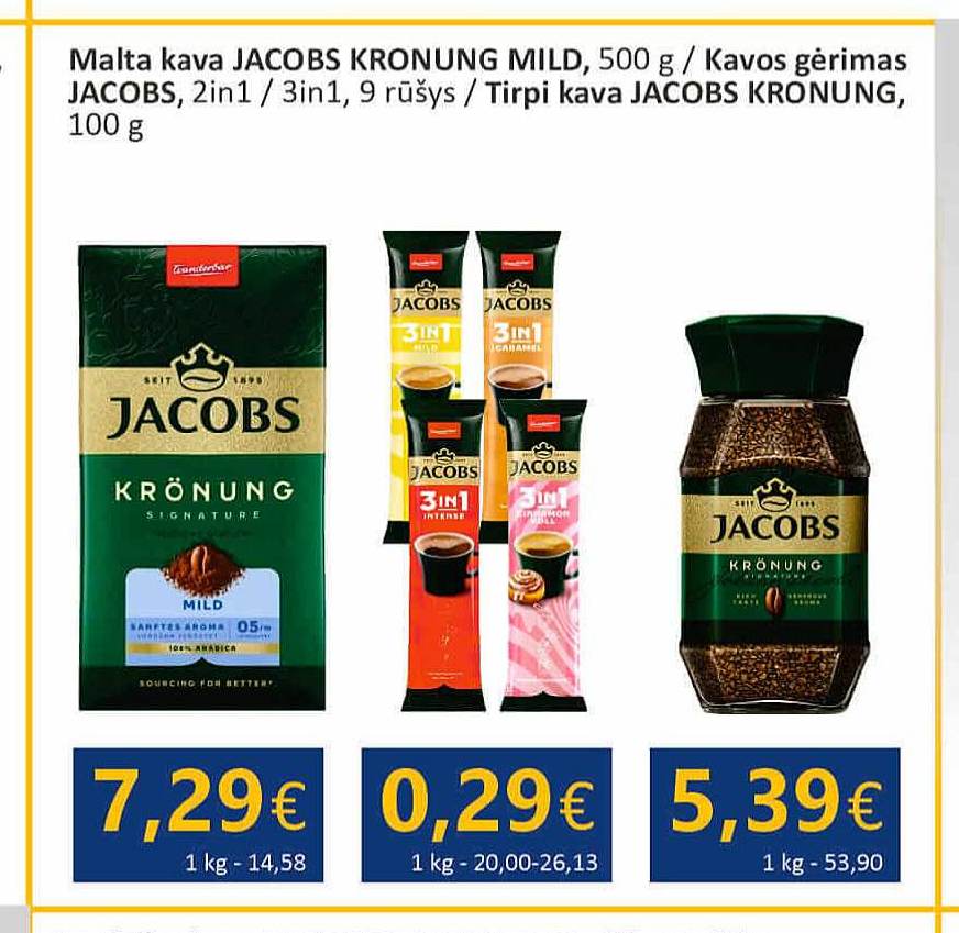 Malta kava JACOBS KRONUNG MILD, / Kavos gėrimas JACOBS, 2in1 / 3in1, 9 rūšys / Tirpi kava JACOBS KRONUNG, 100 g, 500 g