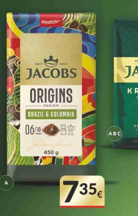 Malta kava JACOBS ORIGINS FUSION BRAZIL & COLOMBIA, 450 g