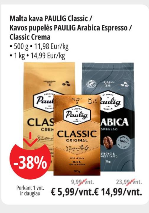 Malta kava PAULIG Classic / Kavos pupelės PAULIG Arabica Espresso / Classic Crema, 500 g