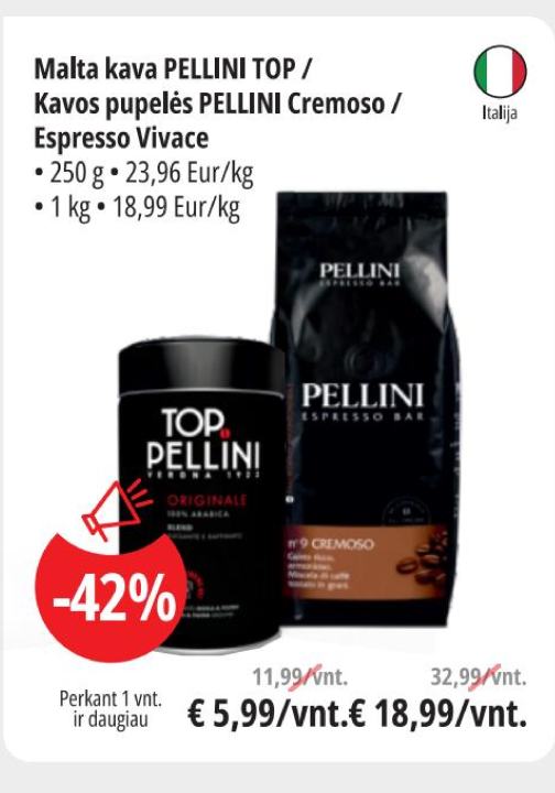 Malta kava PELLINI TOP / Kavos pupelės PELLINI Cremoso / Espresso Vivace, 250 g