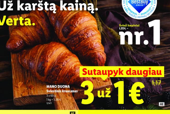 MANO DUONA Sviestinis kruasanas, 3 x 60 g