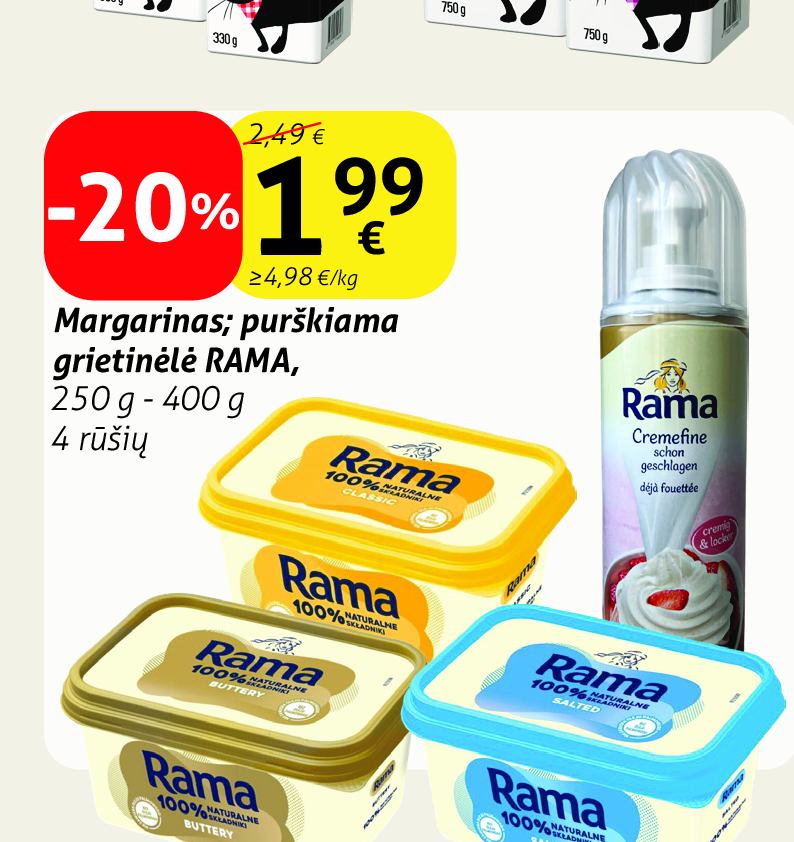 Margarinas; purškiama grietinėlė RAMA, 250 g - 400 g
