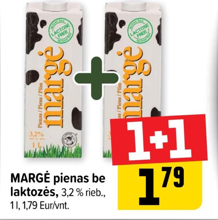 MARGĖ pienas be laktozės, 1 l