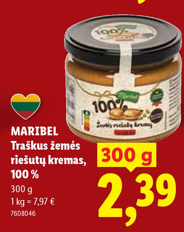MARIBEL Traškus žemės riešutų kremas, 100 %, 300 g
