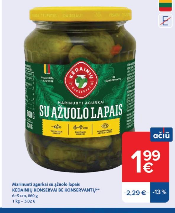 Marinuoti agurkai su ąžuolo lapais KĖDAINIŲ KONSERVAI BE KONSERVANTŲ, 9 cm
