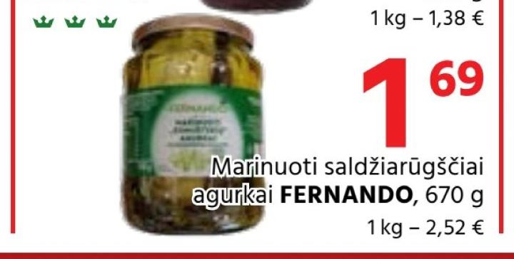 Marinuoti saldžiarūgščiai agurkai FERNANDO, 670 g