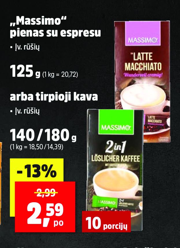 „Massimo“ pienas su espresu arba tirpioji kava, 125 g