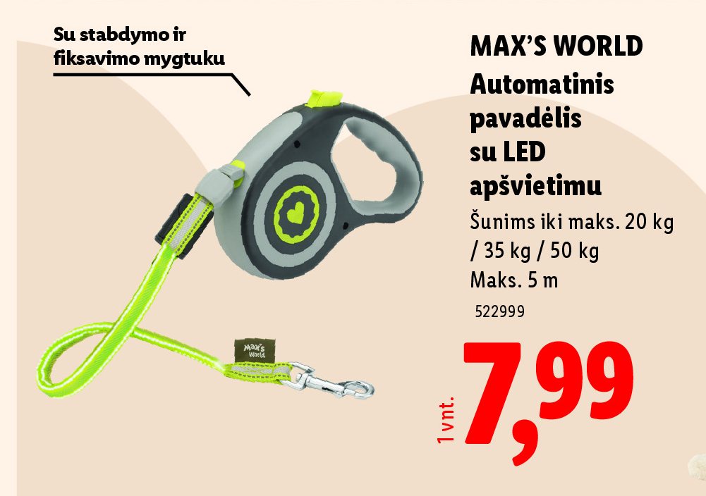 MAX'S WORLD Automatinis pavadėlis su LED apšvietimu, 20 kg