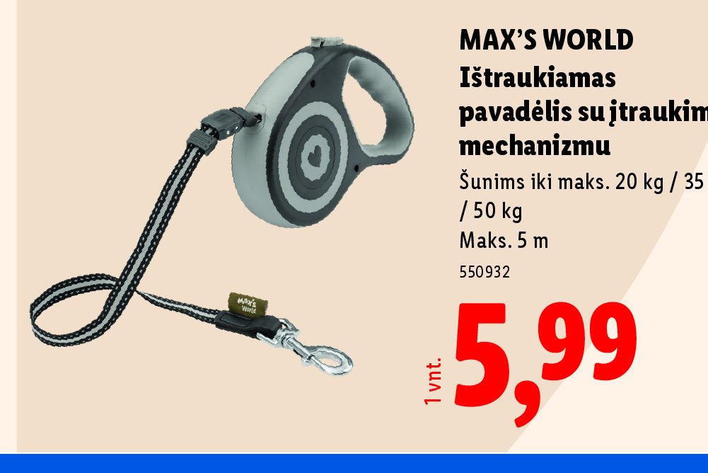 MAX'S WORLD Ištraukiamas pavadėlis su įtraukimo mechanizmu, 20 kg