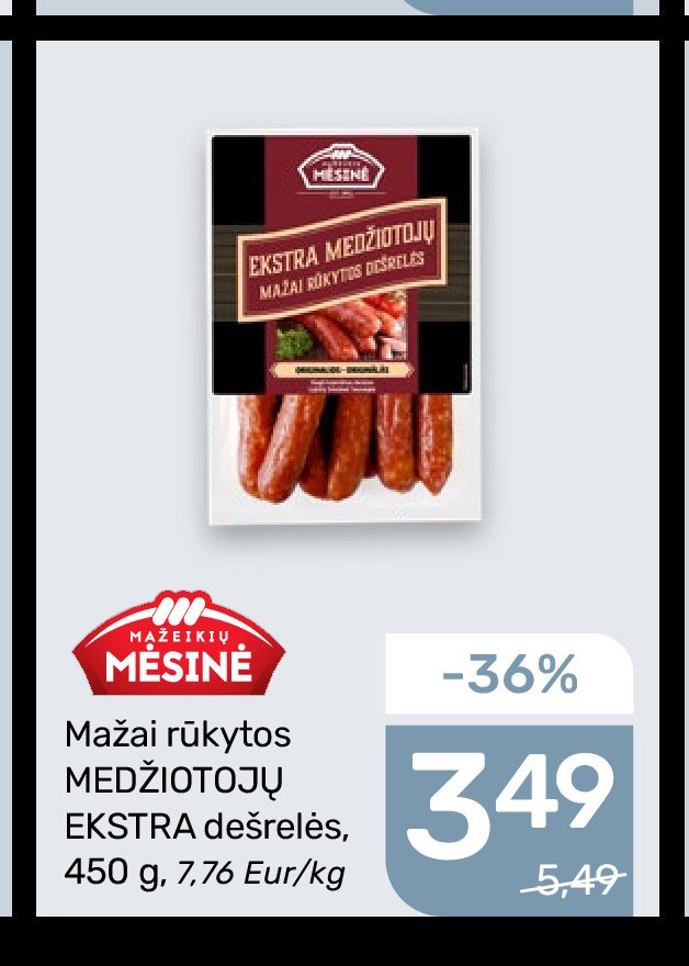 Mažai rūkytos MEDŽIOTOJŲ EKSTRA dešrelės MAŽEIKIŲ MĖSINĖ, 450 g