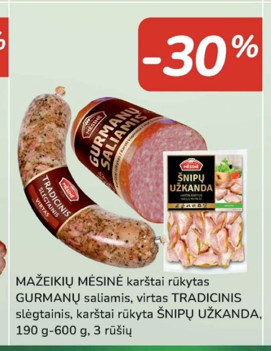MAŽEIKIŲ MĖSINĖ karštai rūkytas GURMANŲ saliamis, virtas TRADICINIS slėgtainis, karštai rūkyta ŠNIPŲ UŽKANDA, 190 g-600 g
