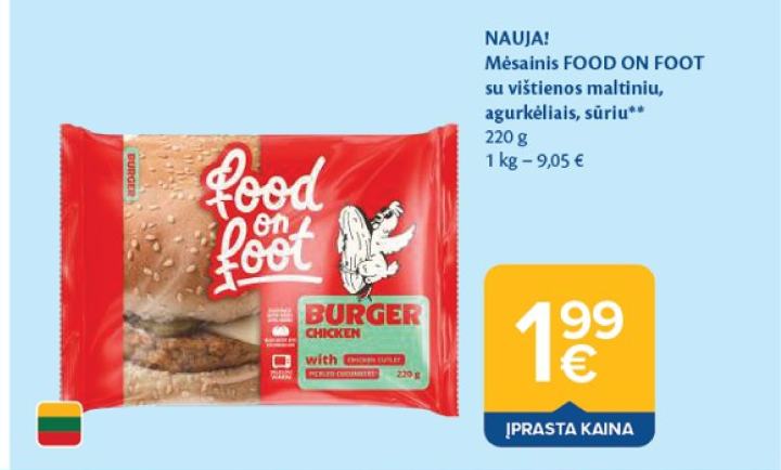 Mėsainis FOOD ON FOOT su vištienos maltiniu, agurkėliais, sūriu, 220 g