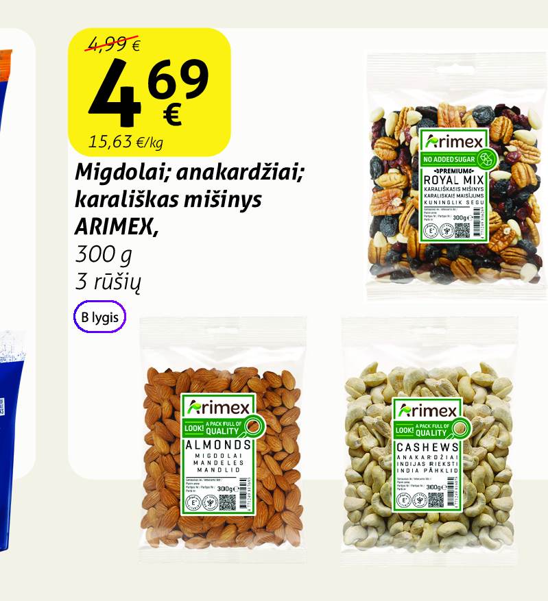 Migdolai; anakardžiai; karališkas mišinys ARIMEX, 300 g