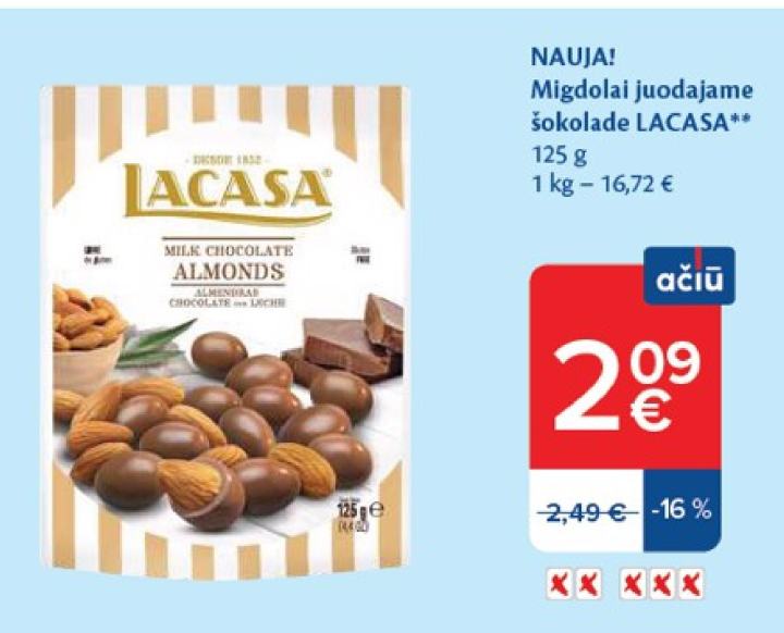 Migdolai juodajame šokolade LACASA, 125 g